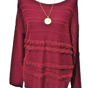 J. JILL Womens L Burgundy Scoop Neck Fringe 3/4 Sleeve Cotton Wool Blend Swe NWT